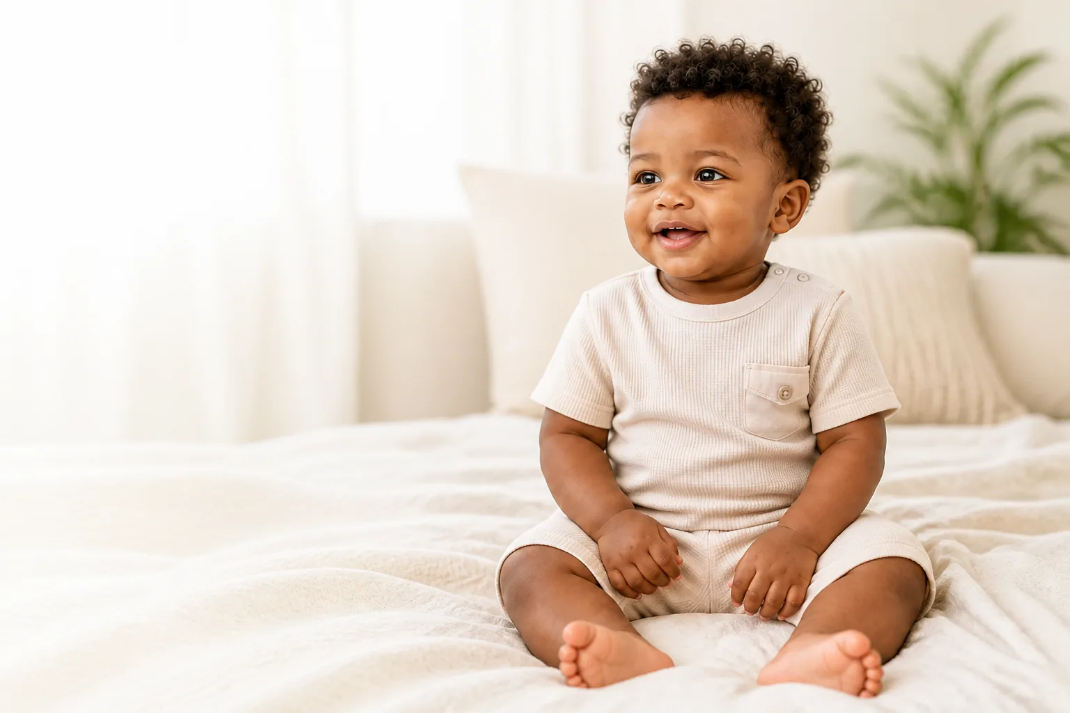 Smiling baby wearing soft cream cotton clothing on a bed