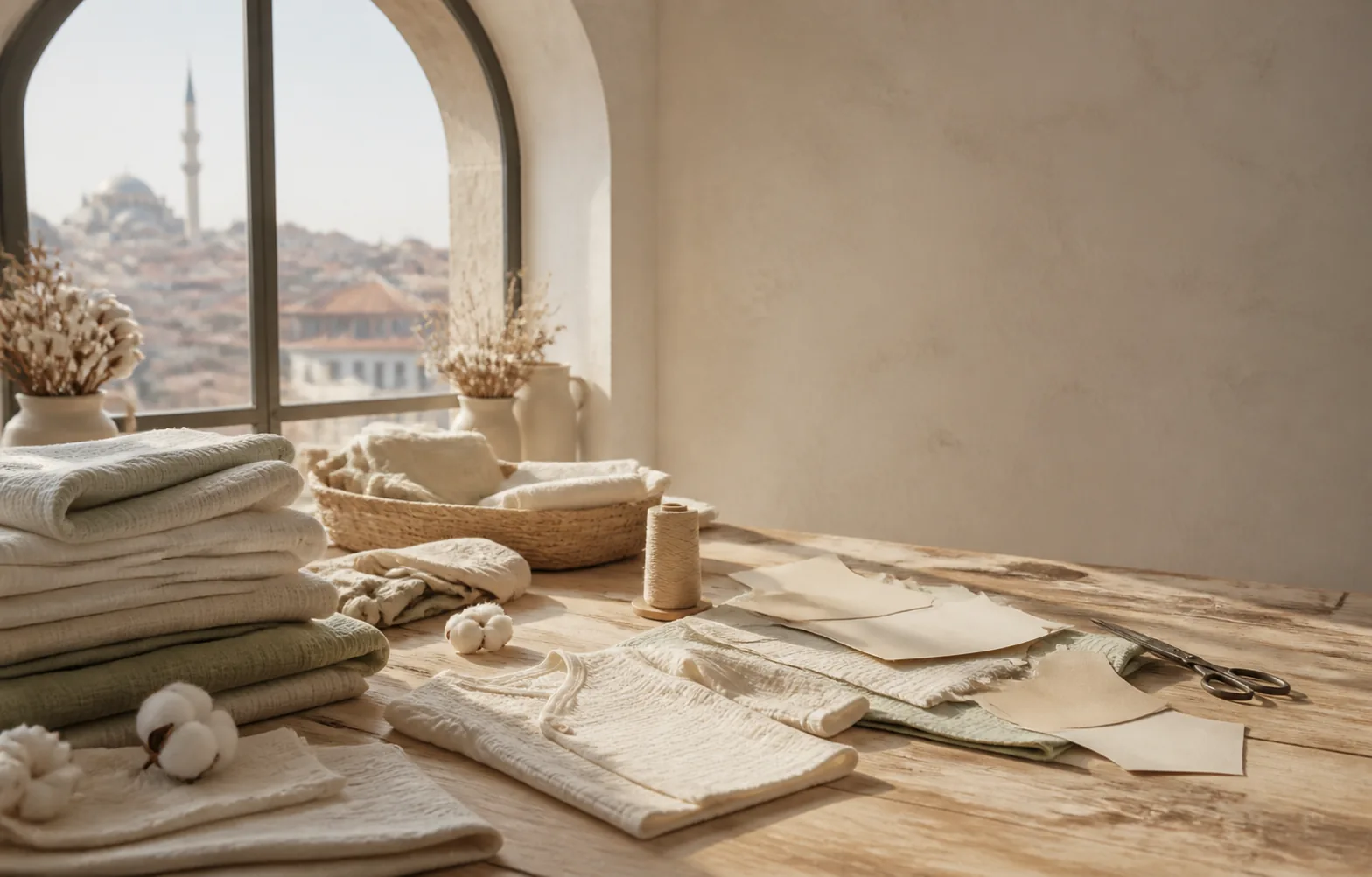 Soft natural baby fabrics arranged in a sunlit Turkish textile atelier