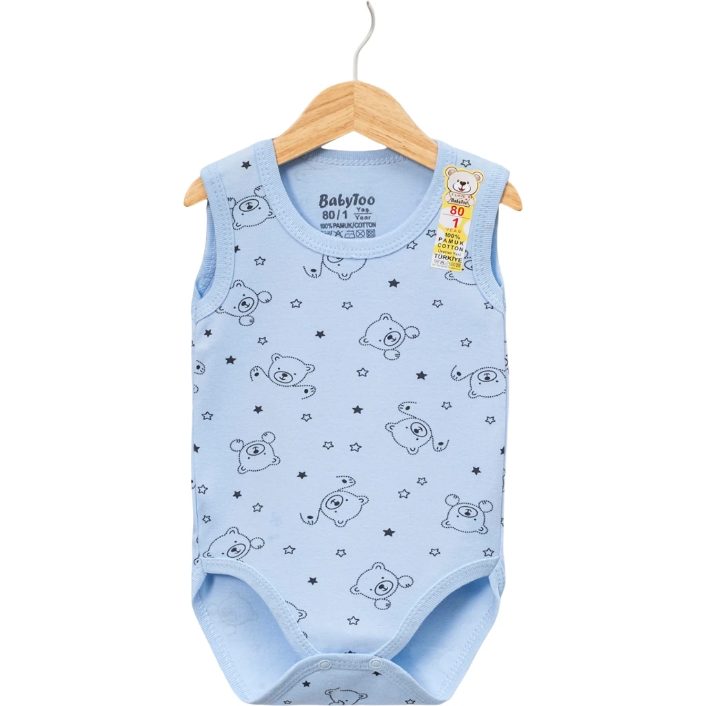 Bear Print Sleeveless Bodysuit (Blue, 6M, Boy)