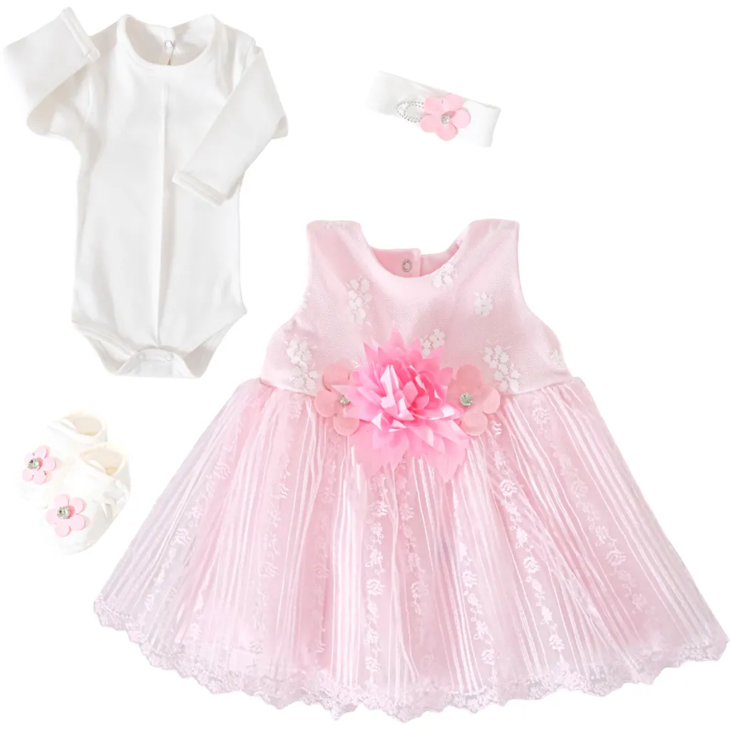 Flower Dress Rompers Headband & Baby Shoes