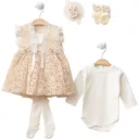 Brocade Dress Legging Rompers Headband & Baby Shoes